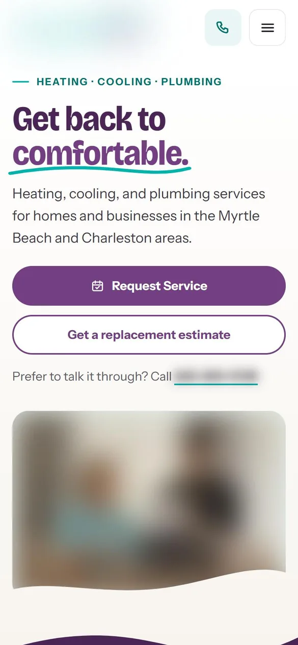 Homepage concept for a heating, cooling and plumbing company, South Carolina coast, phone view, identifying details blurred