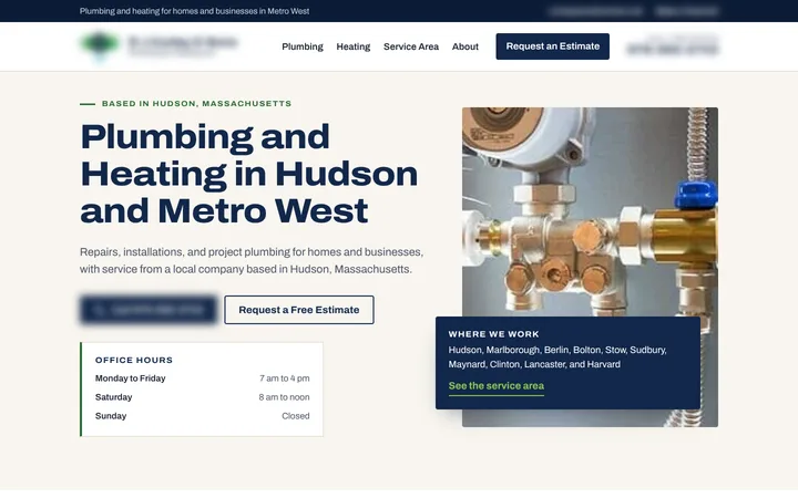 Homepage concept for a plumbing and heating company, Hudson and MetroWest, Massachusetts, desktop view, identifying details blurred