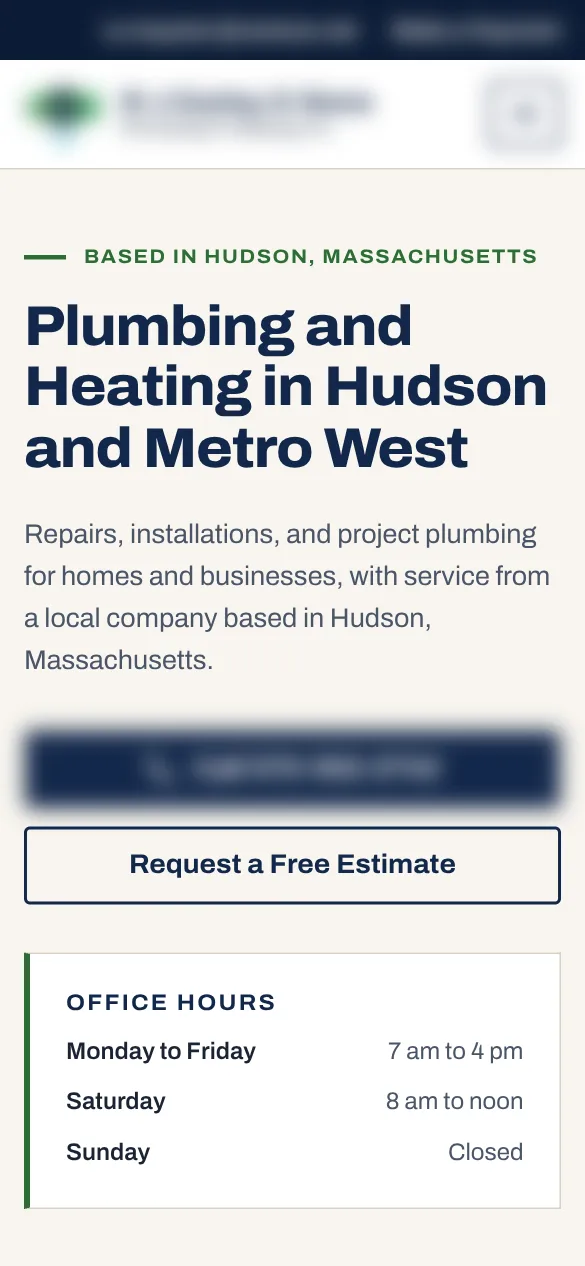Homepage concept for a plumbing and heating company, Hudson and MetroWest, Massachusetts, phone view, identifying details blurred