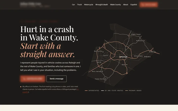 Live site for a personal injury firm, Raleigh and Wake County, North Carolina, desktop view, identifying details blurred