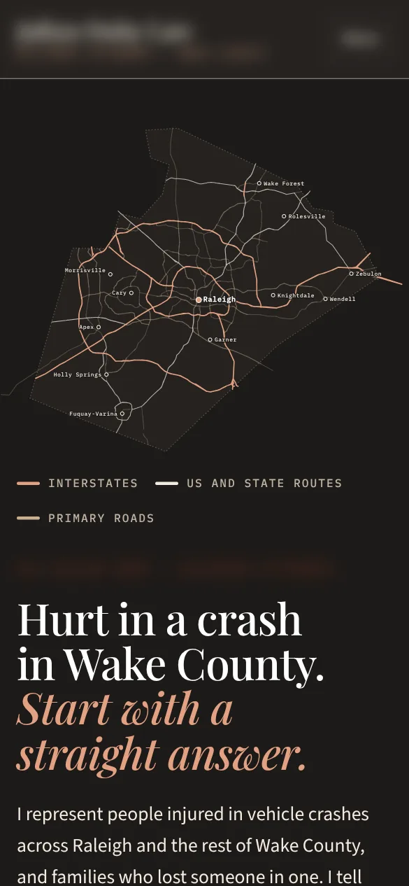 Live site for a personal injury firm, Raleigh and Wake County, North Carolina, phone view, identifying details blurred