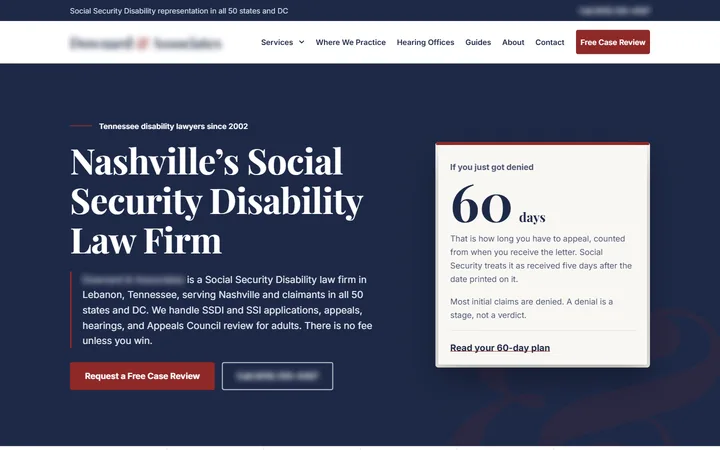 Homepage concept for a Social Security disability law firm, Nashville and all 50 states, desktop view, identifying details blurred