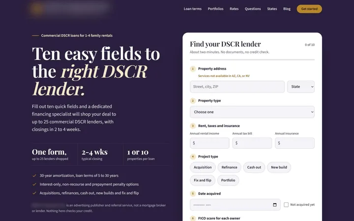 Live site for a investment property lending, lead generation, desktop view, identifying details blurred