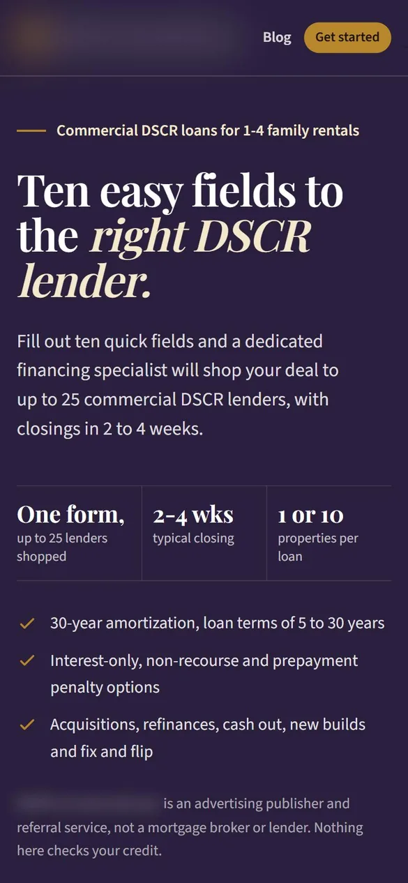 Live site for a investment property lending, lead generation, phone view, identifying details blurred
