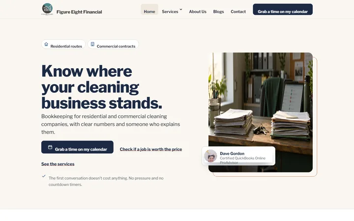 Live site for a bookkeeping firm for cleaning companies, Figure Eight Financial, desktop view