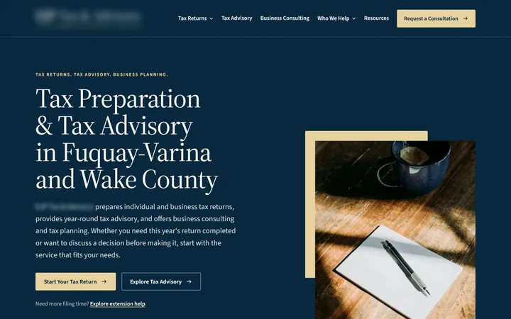 Site in review for a tax practice, Fuquay-Varina and Wake County, North Carolina, desktop view, identifying details blurred