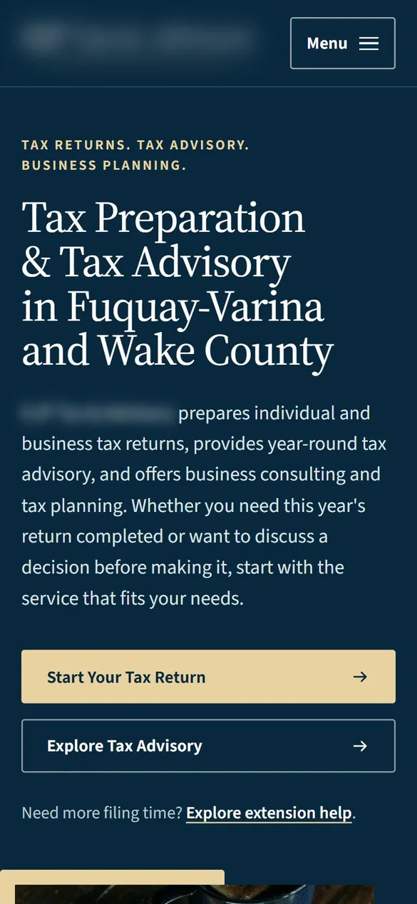 Site in review for a tax practice, Fuquay-Varina and Wake County, North Carolina, phone view, identifying details blurred
