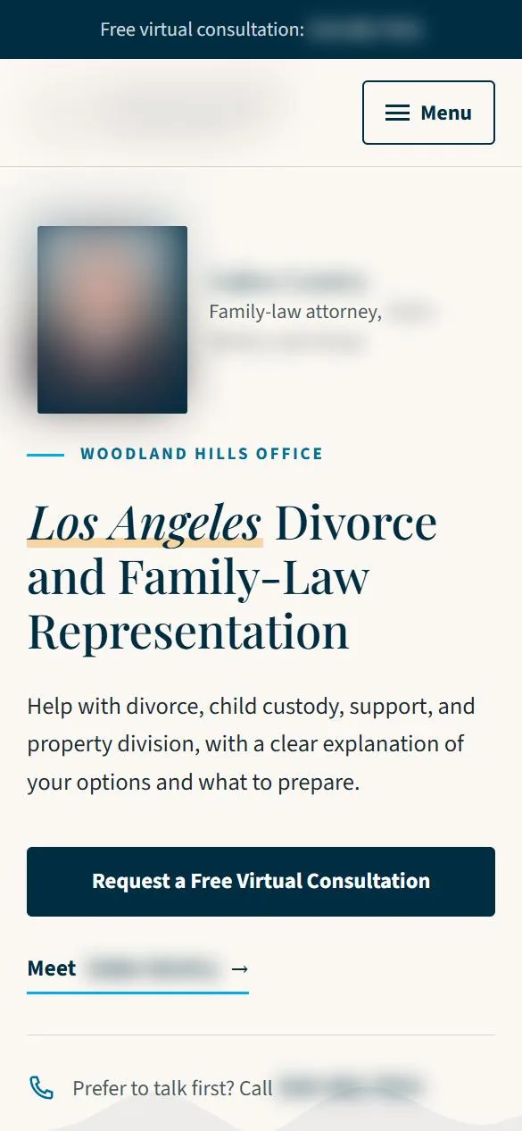 Homepage concept for a family law firm, Los Angeles area, phone view, identifying details blurred