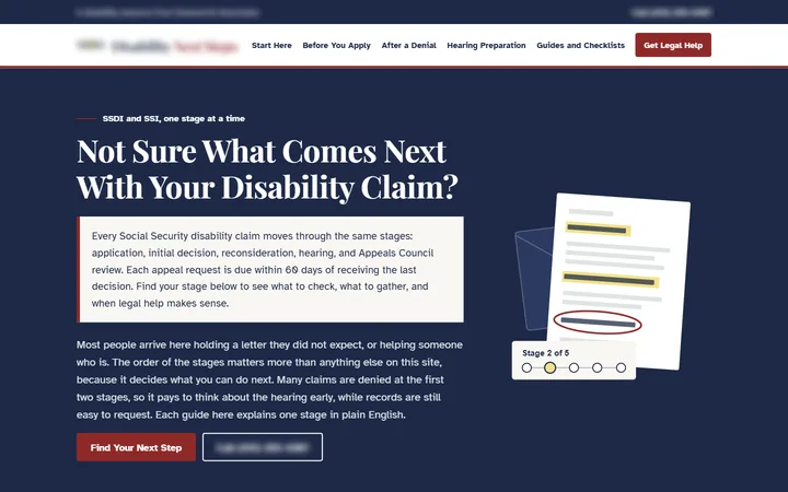 Site in review for a Social Security disability law firm, nationwide, desktop view, identifying details blurred