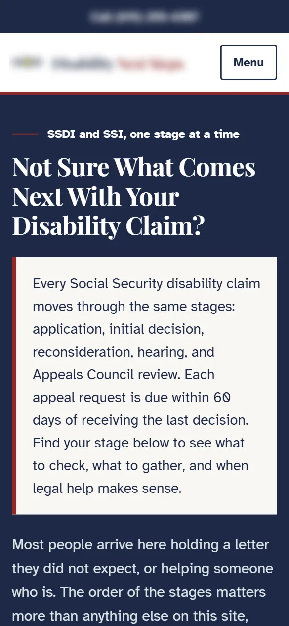 Site in review for a Social Security disability law firm, nationwide, phone view, identifying details blurred