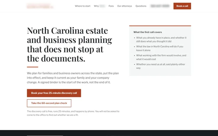 Homepage concept for a estate and business planning firm, North Carolina, desktop view, identifying details blurred